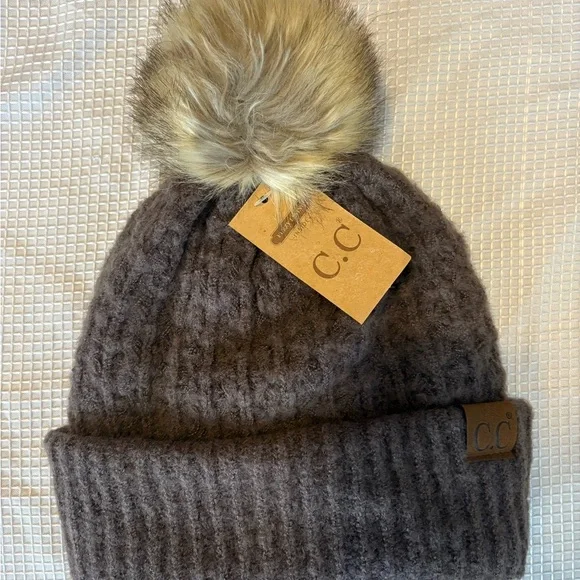 C.C Brown Knit Beanie with Faux Fur Pom - Picture 2 of 14